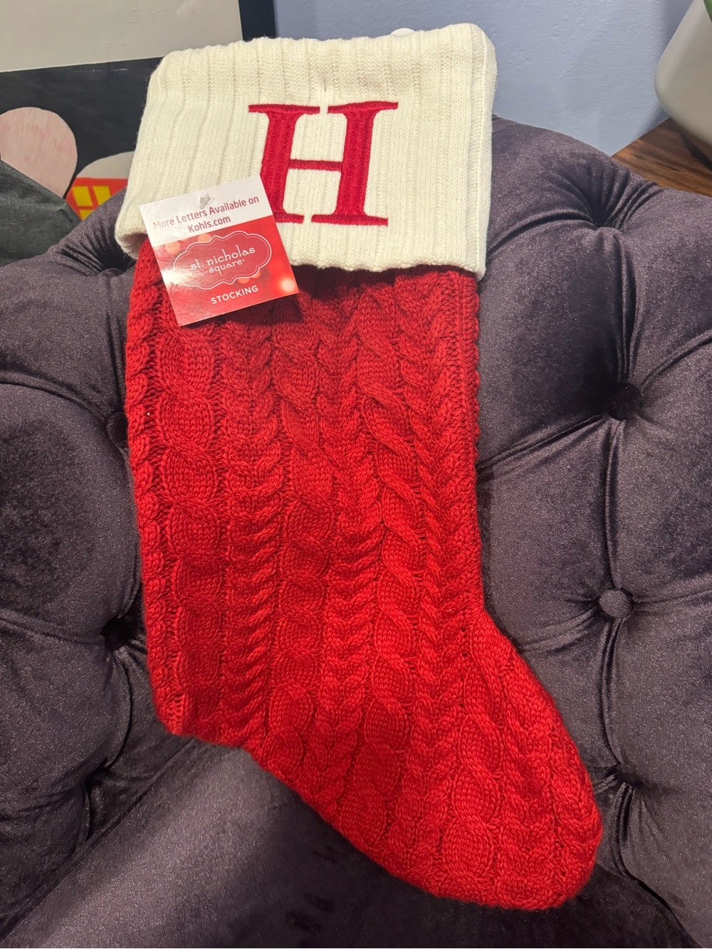 Monogram H Red Cable-Knit Christmas Stocking with White Cuff